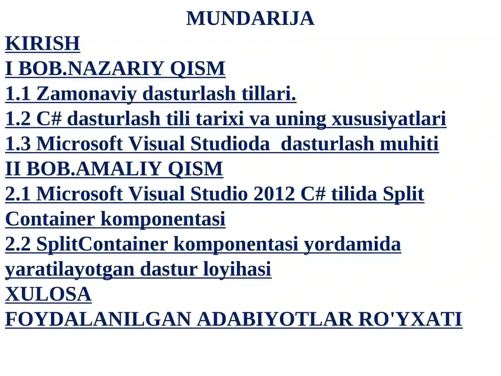 MAVZU: C# dasturlash tilida Split Container komponentasi yordamida dasturlar yaratish 2