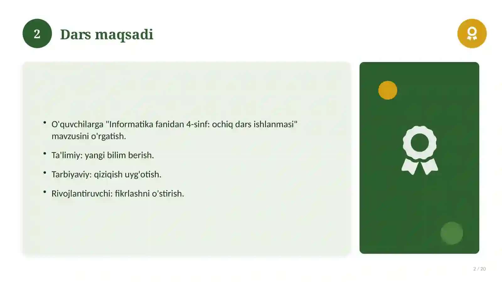 Informatika fanidan 4-sinf: ochiq dars ishlanmasi 2