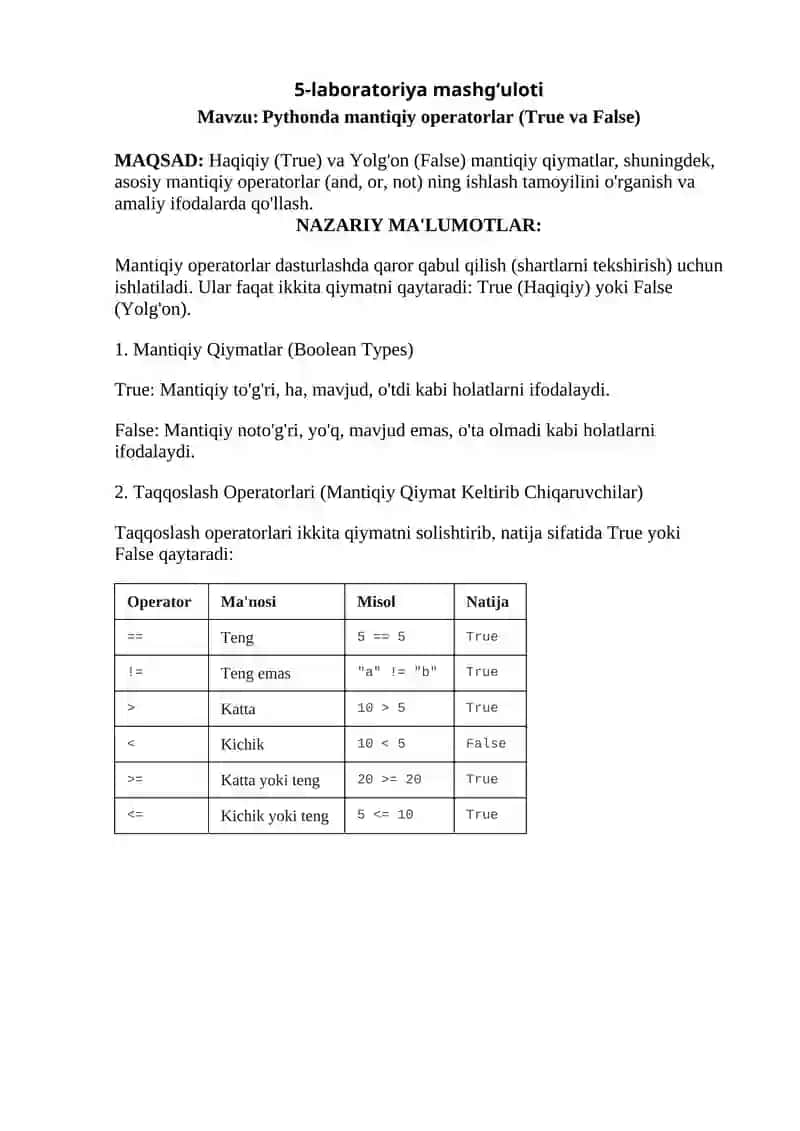 Pythonda mantiqiy operatorlar (True va False) 2