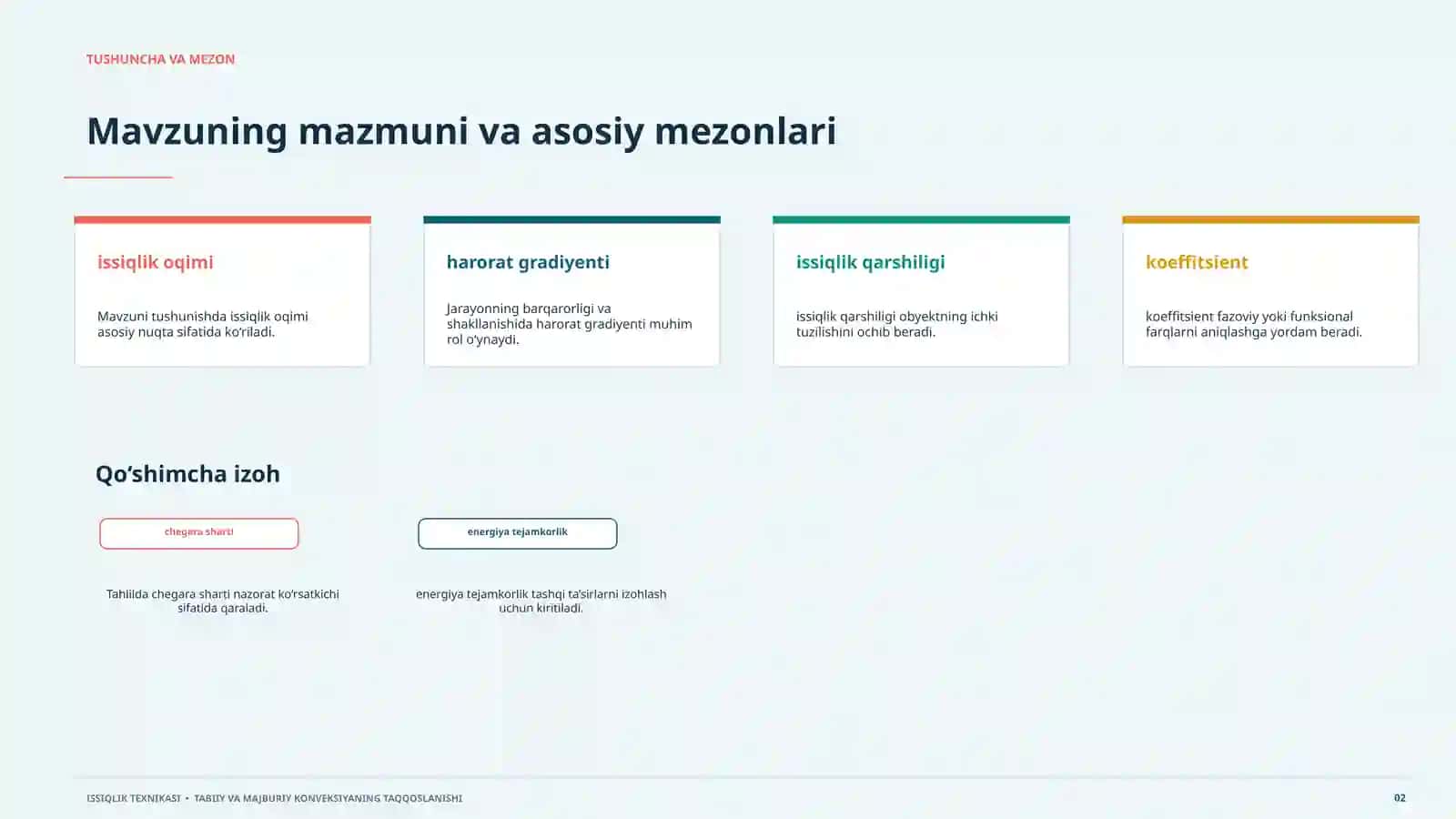 Issiqlik Teknikasi Model, hisob va amaliy qo‘llanish, 20 slaydli ilmiy taqdimot, 2-jadval: issiqlik texnikasi 25/40. Mavzuni tushunishda issiqlik oqimi asosiy nuqta sifatida ko‘riladi 2