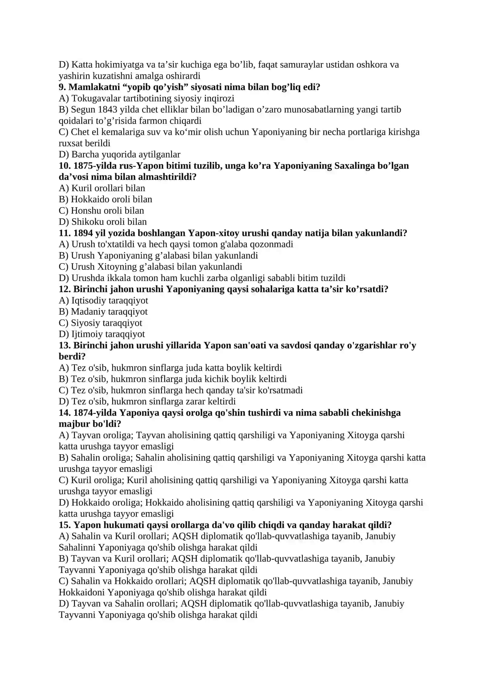 Yaponiya tarixidan savollar 2