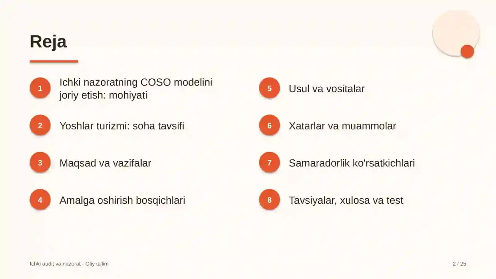 Yoshlar turizmida ichki nazoratning COSO modelini joriy etish 2