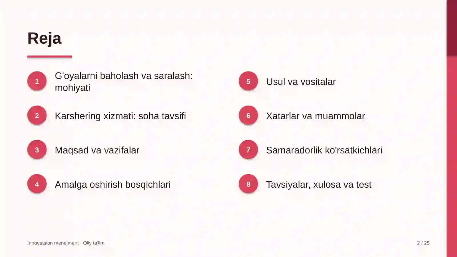 Karshering xizmatida g'oyalarni baholash va saralash 2