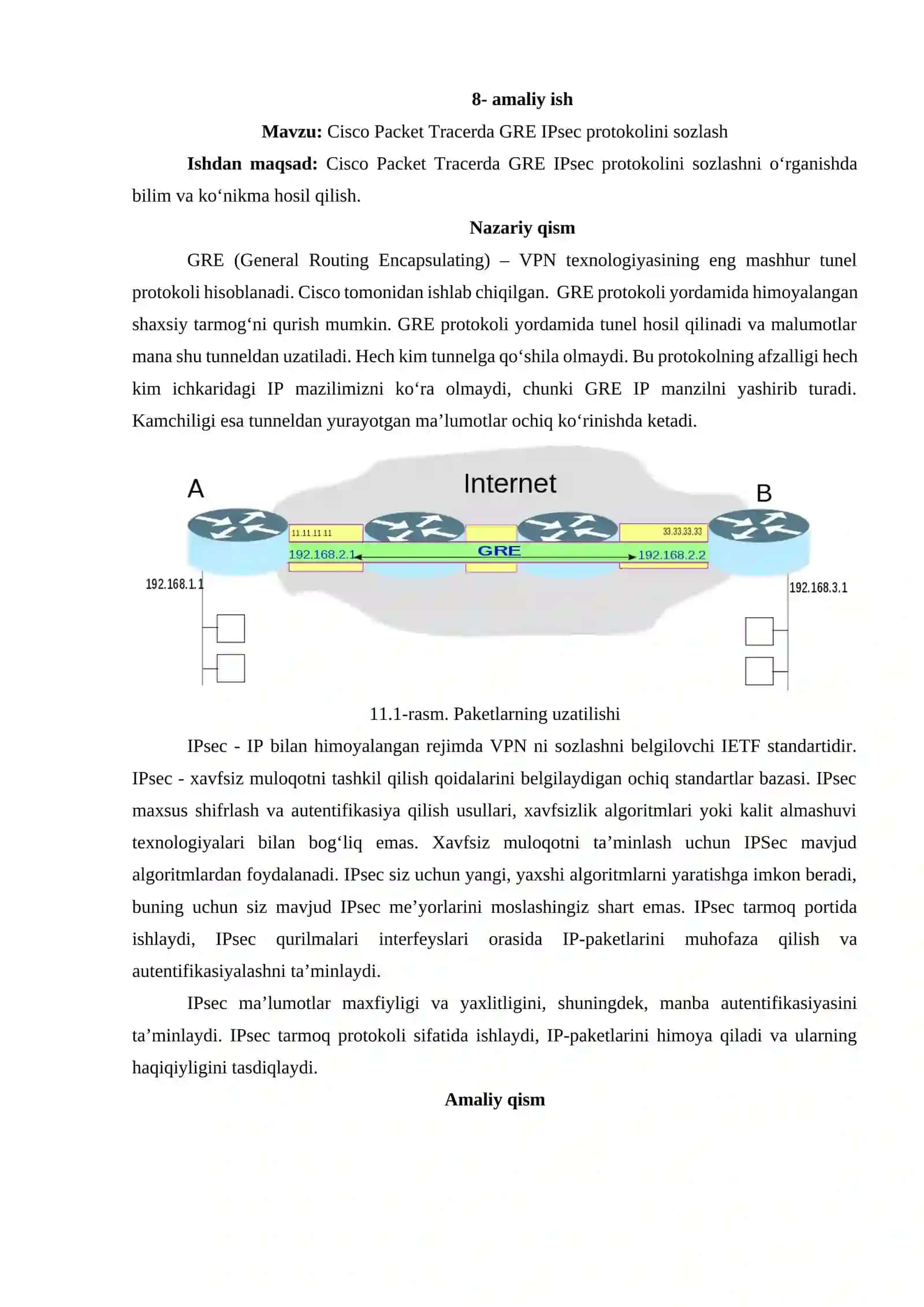 Cisco Packet Tracerda GRE IPsec protokolini sozlash 2