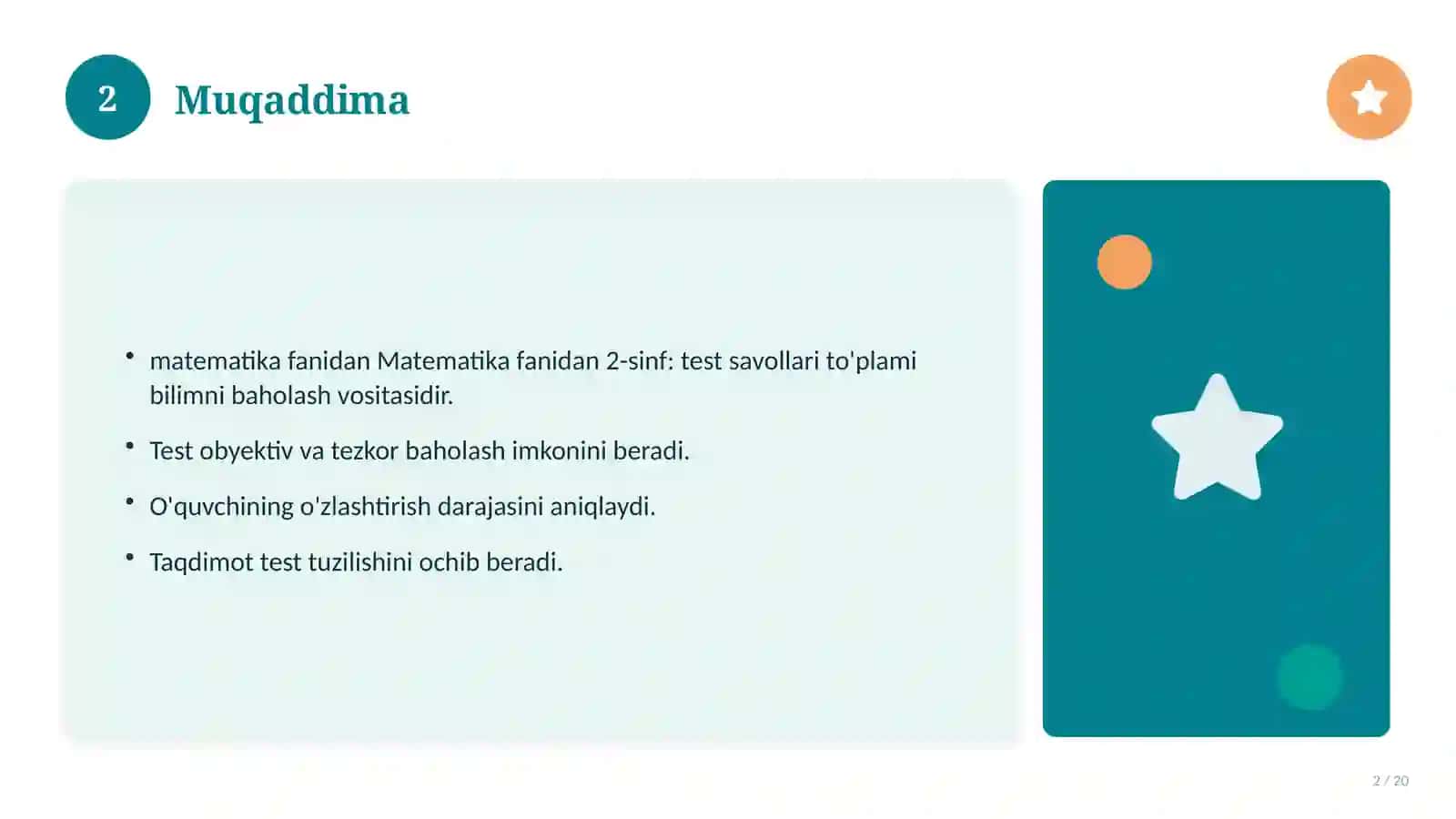 Matematika fanidan 2-sinf: test savollari to'plami 2