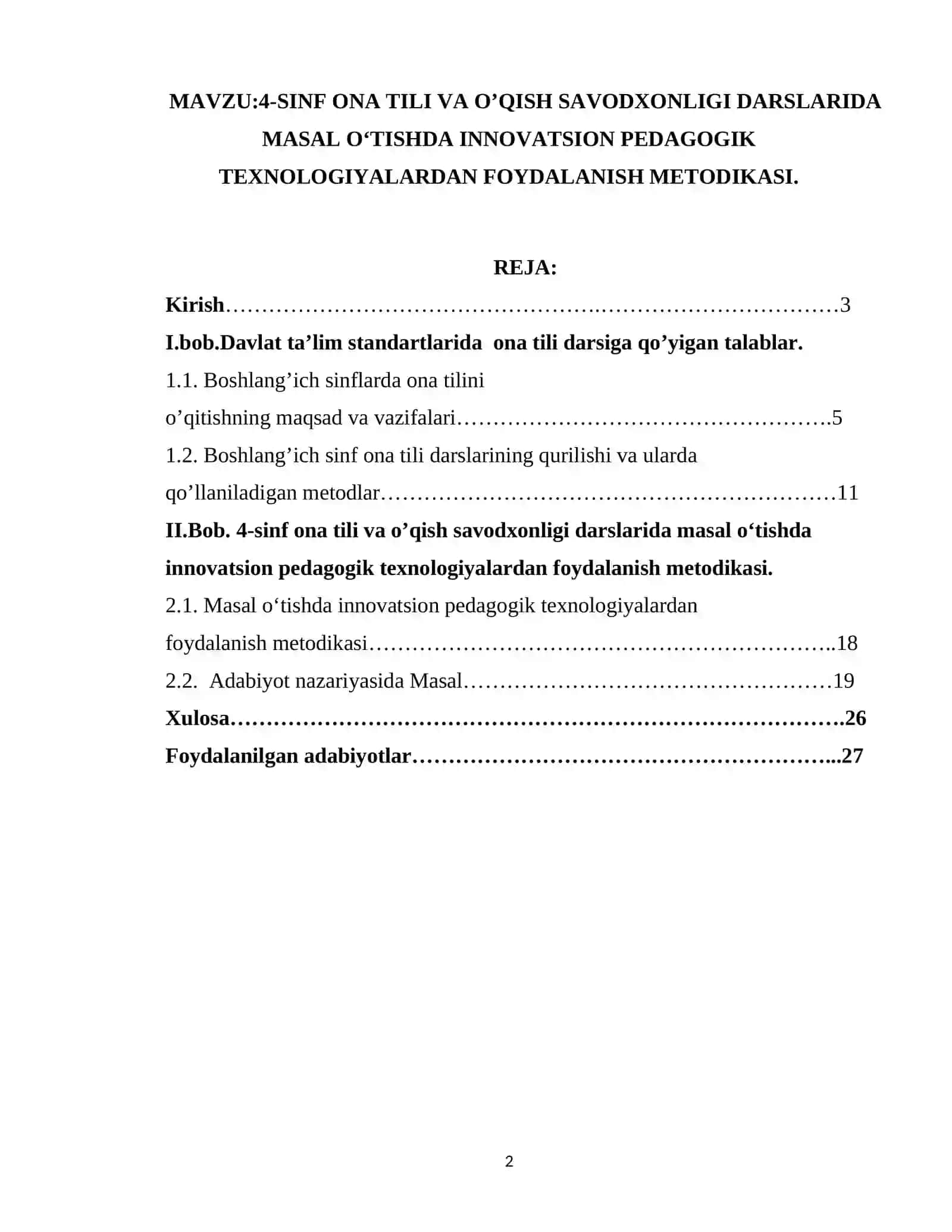4-SINF ONA TILI VA O’QISH SAVODXONLIGI DARSLARIDA MASAL OʻTISHDA INNOVATSION PEDAGOGIK TEXNOLOGIYALARDAN FOYDALANISH METODIKASI 2