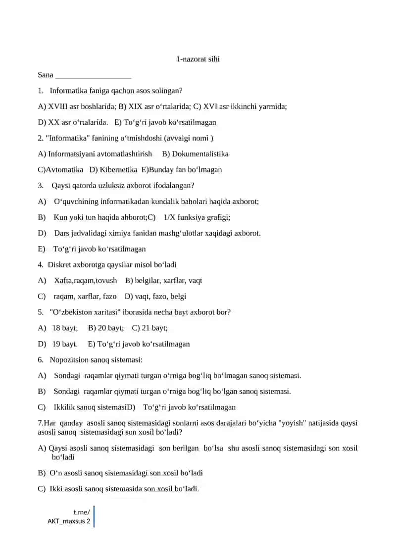 INFORMATIKA FANDAN NAZORAT ISHLARI DAFTARI 2