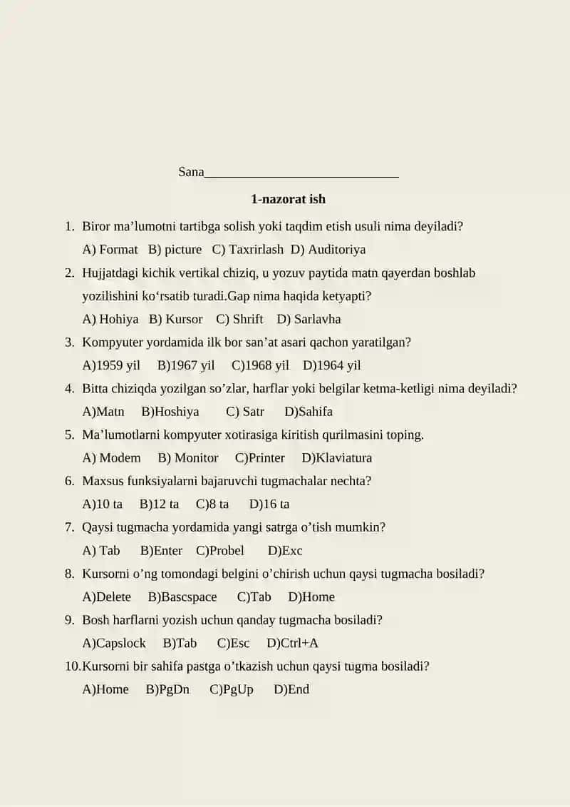Informatika va axborot texnologiyalari fanidan nazorat ishi daftari 2