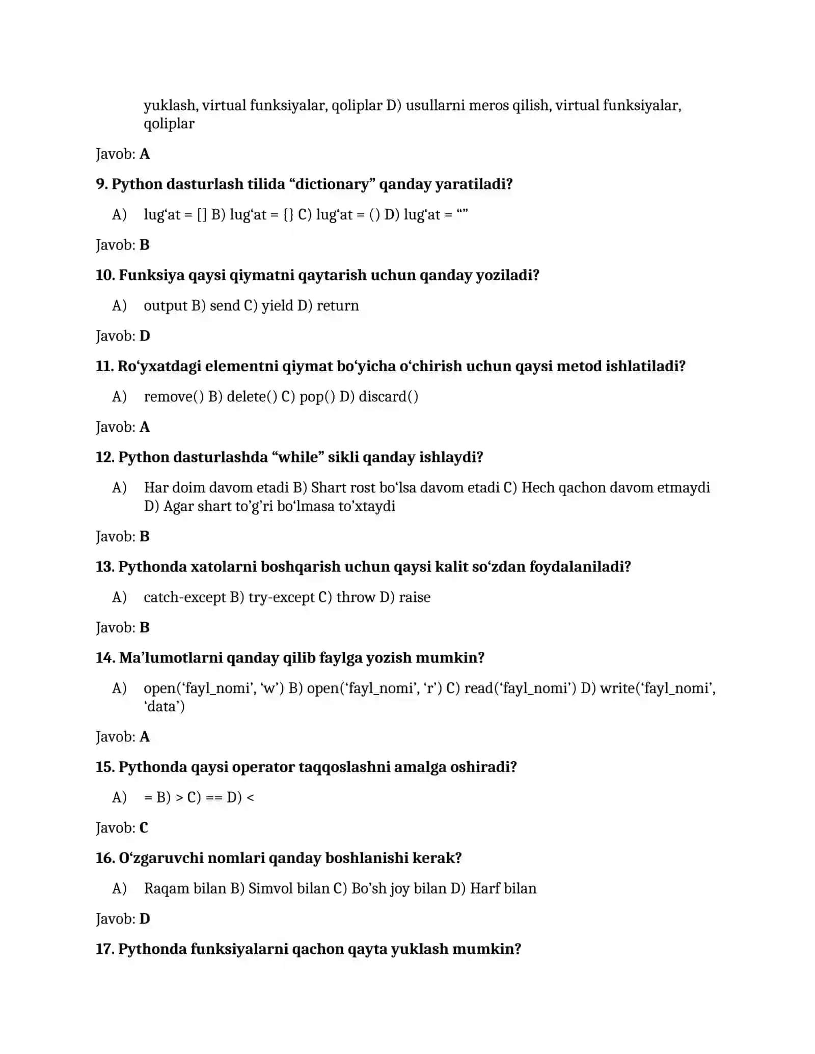 Python Dasturlash Tilidan Test Savollari va Javoblari 2