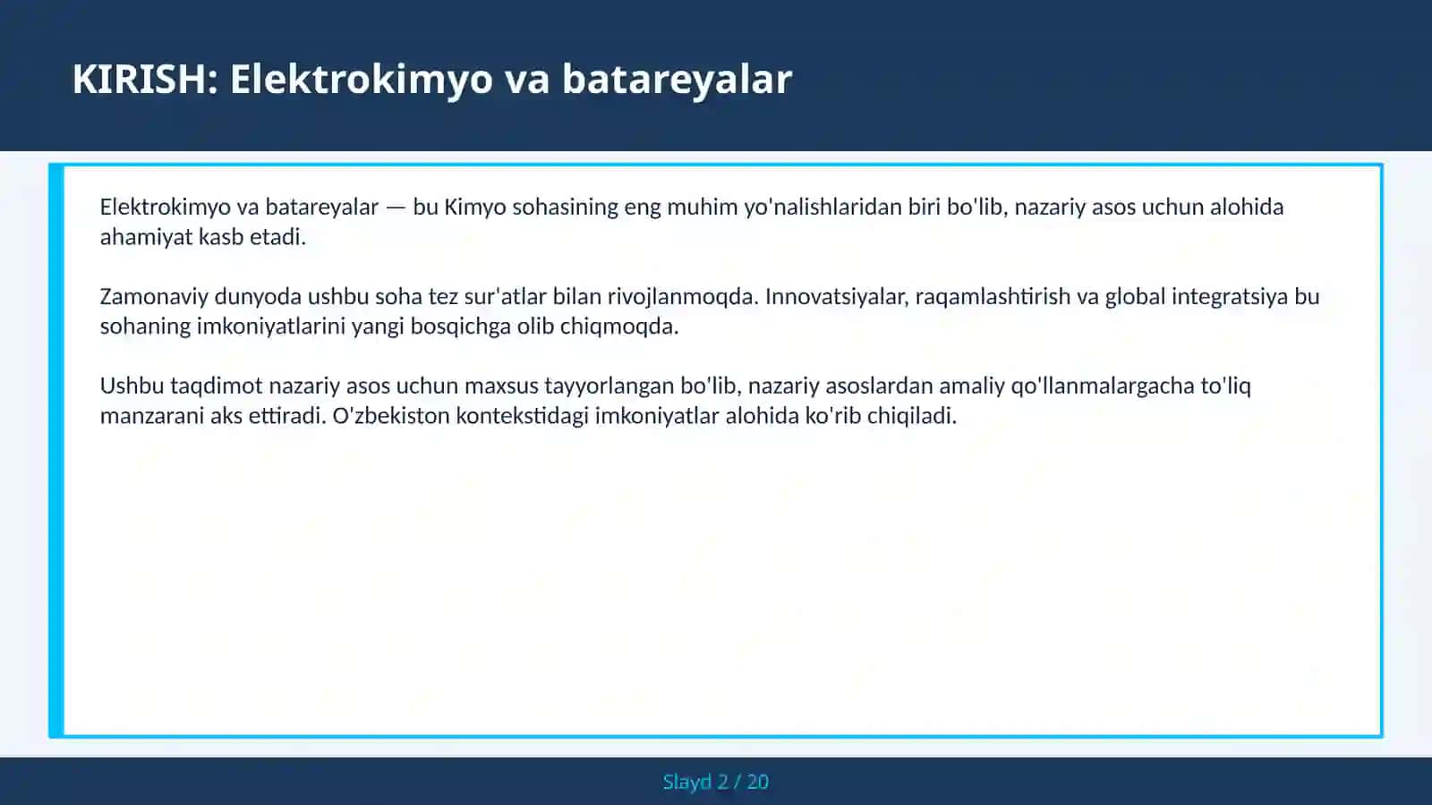Elektrokimyo va batareyalar 2