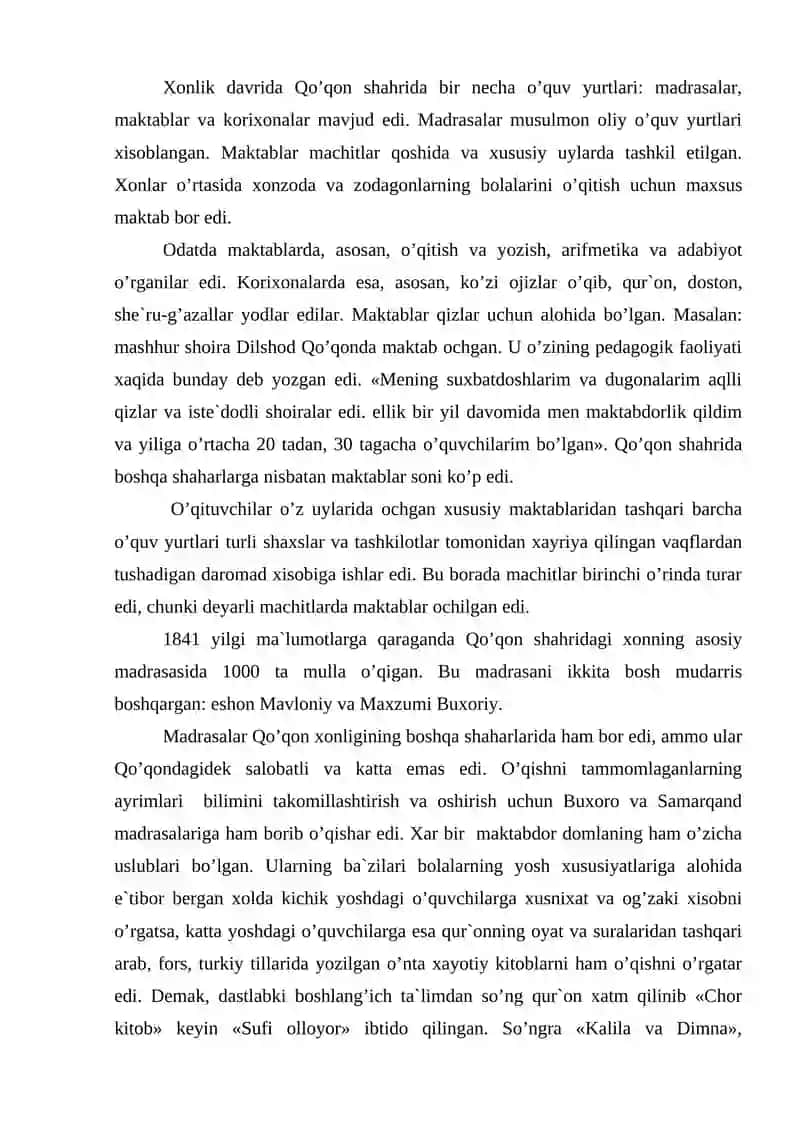 Qo’qon xonligida madaniy xayot. 2