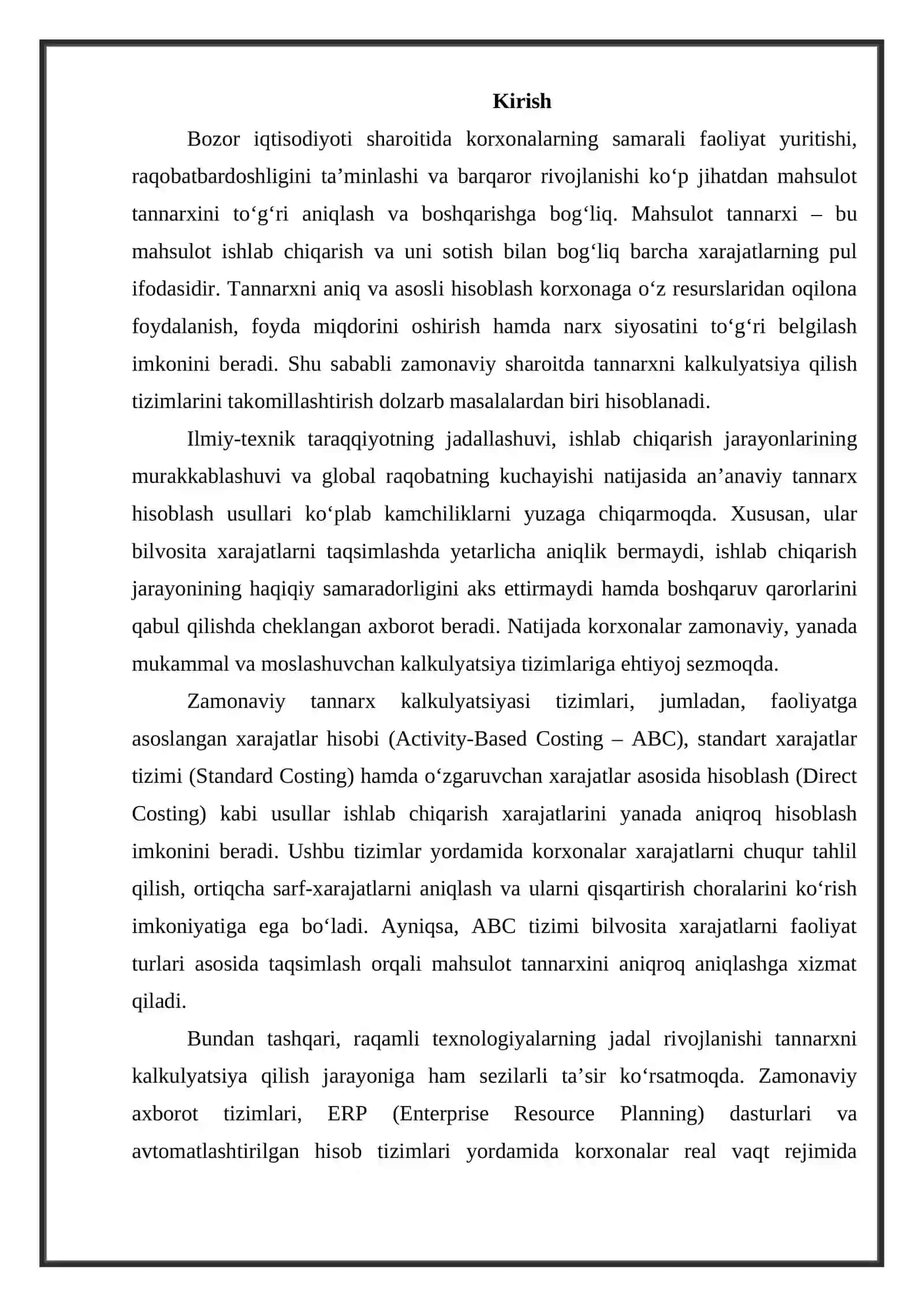 Mahsulot tannarxini kalkulyatsiya qilishning zamonaviy tizimlari. 2