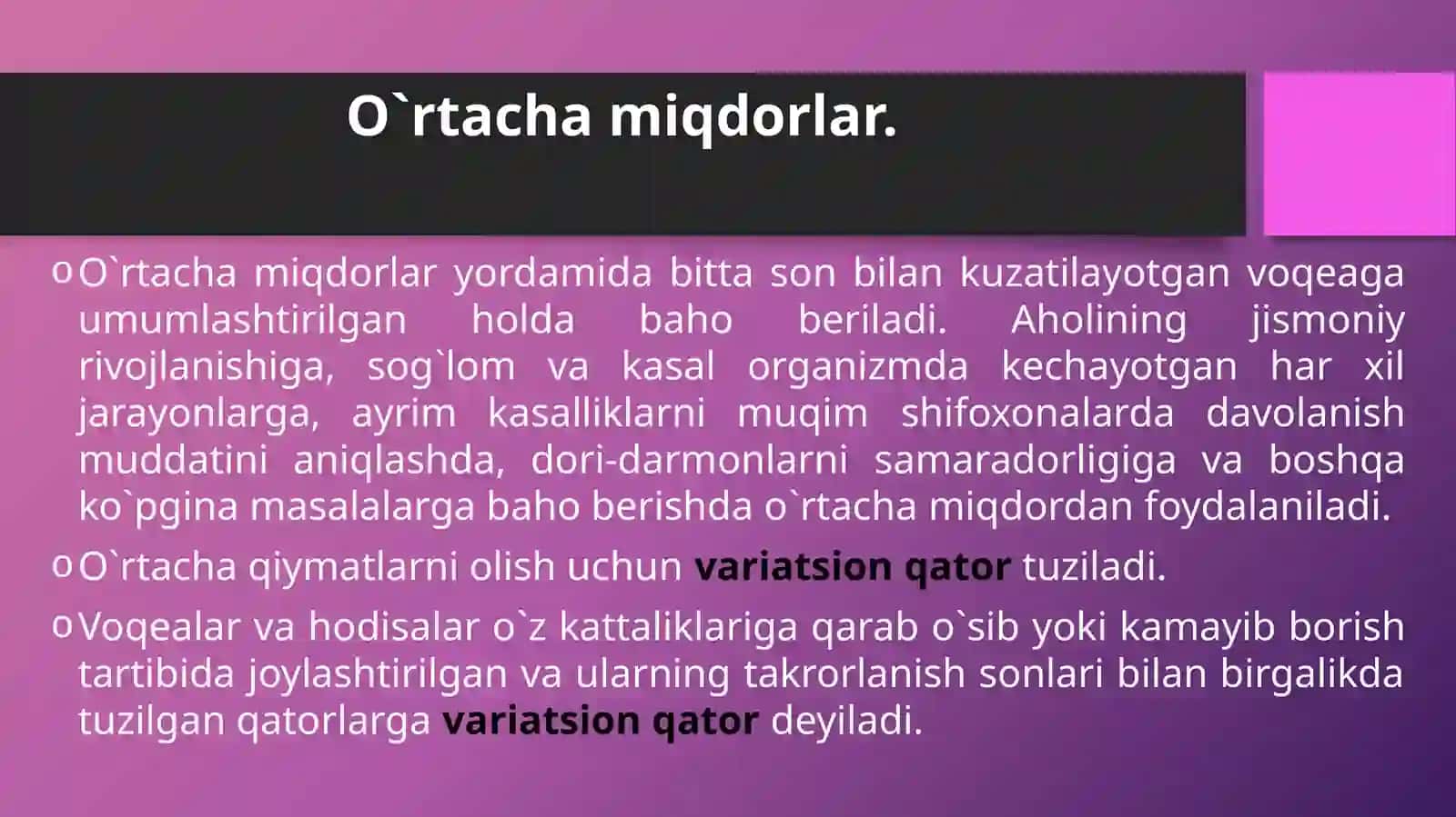 O`RTACHA MIQDORLAR, TURLARI, HISOBLASH USULLARI 2