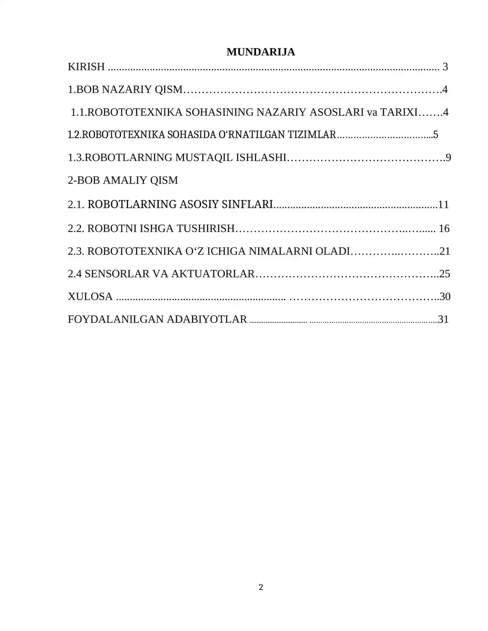 ROBOTOTEXNIKA SOHASIDA O‘RNATILGAN TIZIMLAR KURS ISHI ISHIGA HISOBOT YOZUVI 2