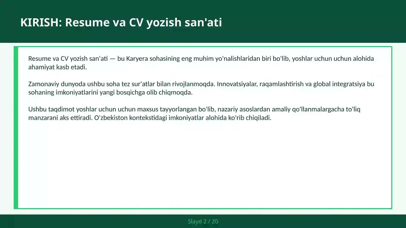 KIRISH: Resume va CV yozish san'ati 2