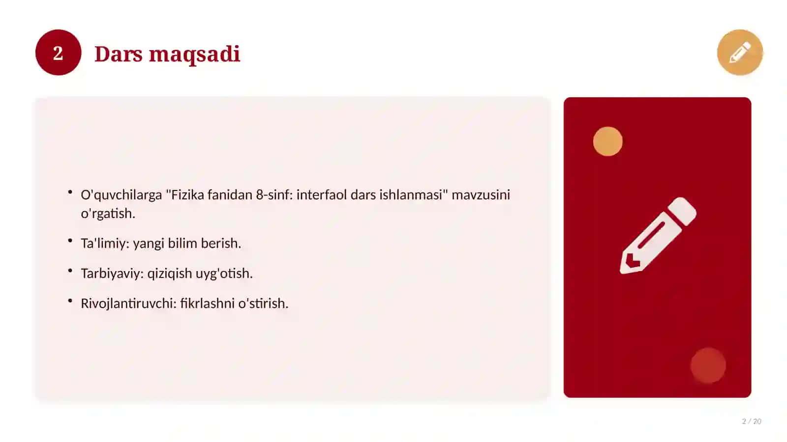 Fizika fanidan 8-sinf: interfaol dars ishlanmasi 2