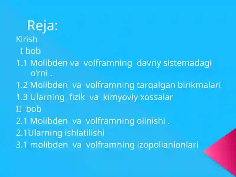 Molibden va Volframning Olinishi, Birikmalari va Xossalari 2