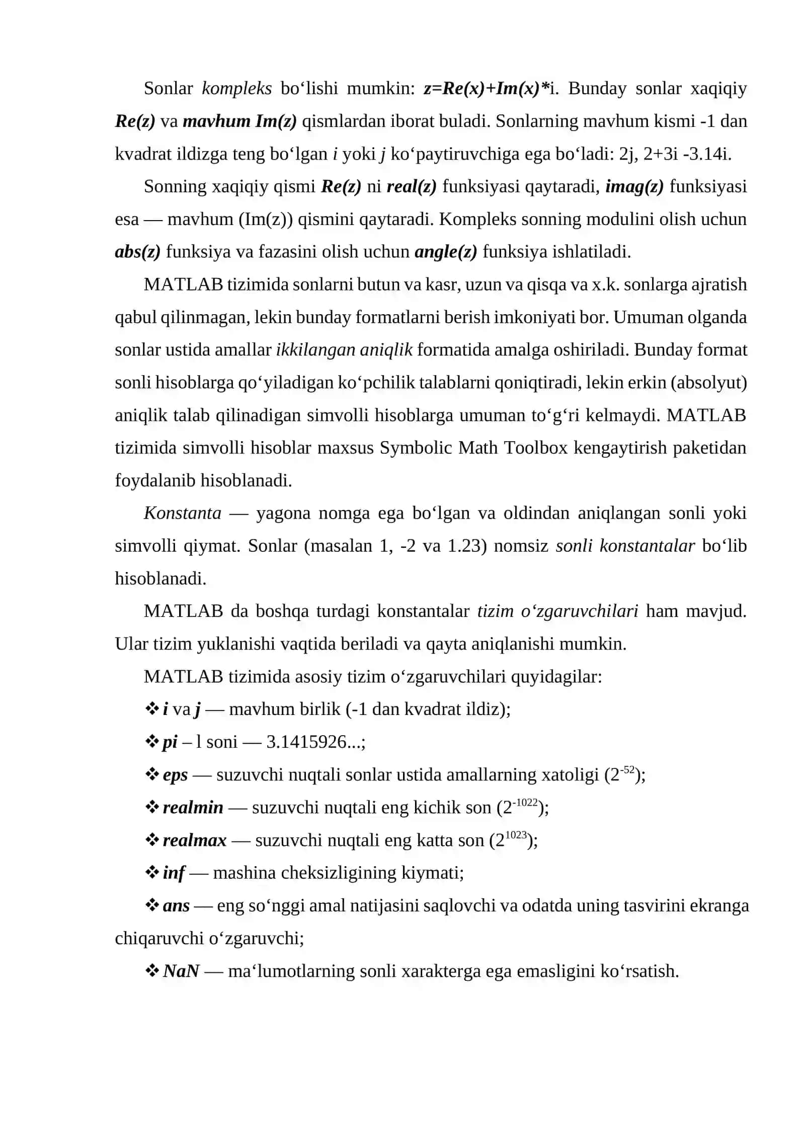 MATLAB dasturlash elementlari va ular bilan ishlash 2