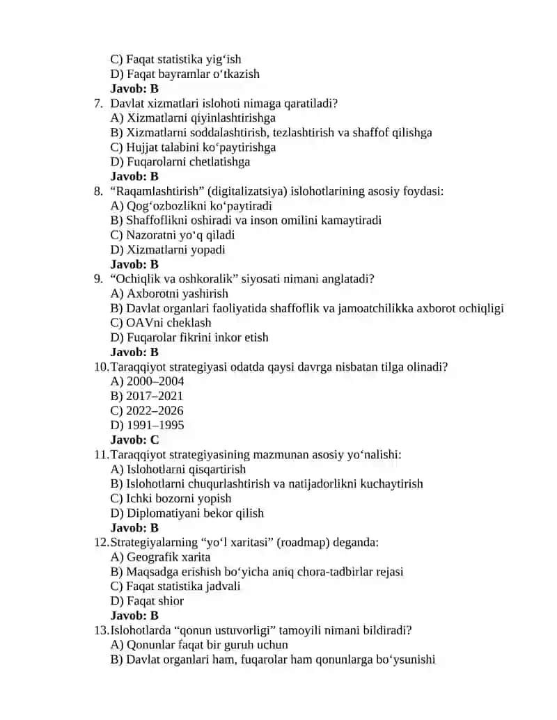 Oʻzbekistonning eng yangi tarixi fanidan 10-test 2