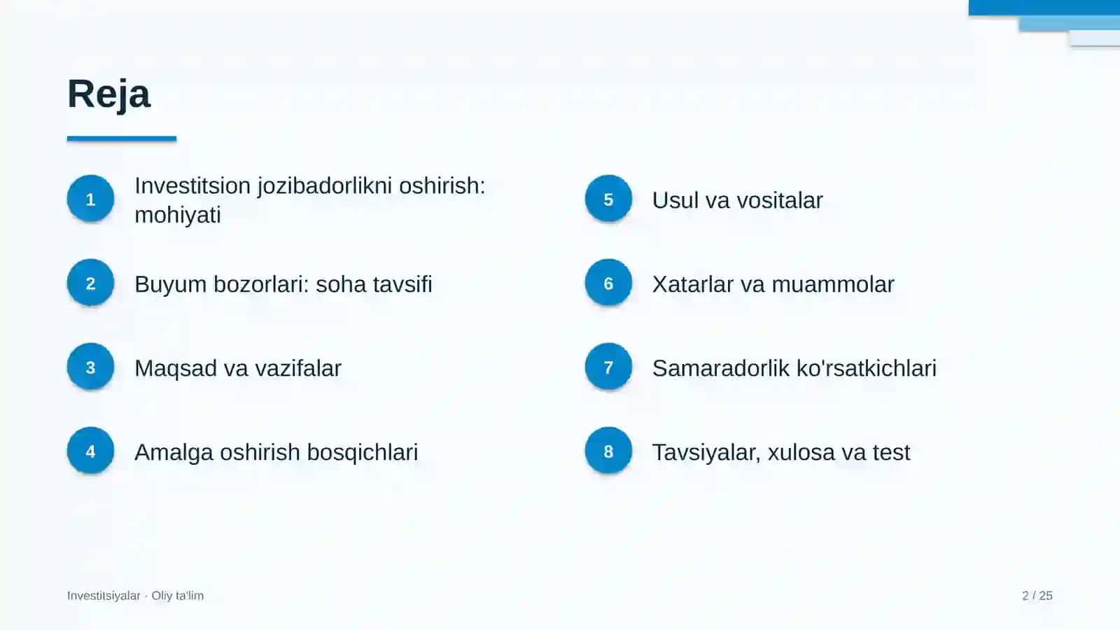 Investitsiyalar · Oliy Ta'limgi 2