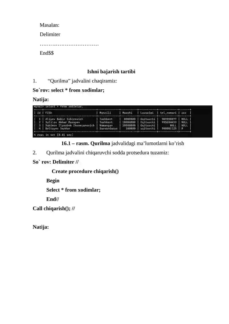 SQLda protseduralar yaratish 2
