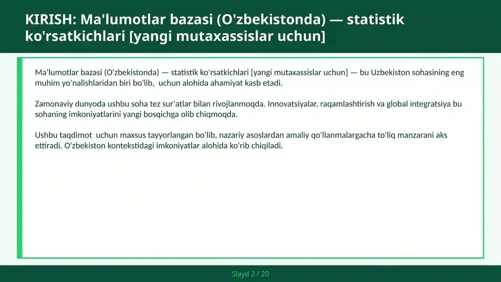 Ma'lumotlar bazasi (O'zbekistonda) — statistik ko'rsatkichlari [yangi mutaxassislar uchun] 2
