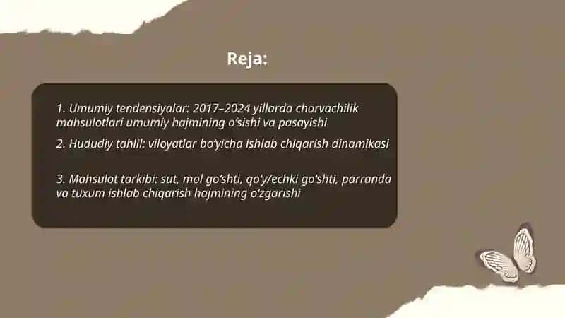 Oʻzbekistonda chorvachilik mahsulotlari umumiy hajmining 2017-2024 yillarda oʻsishi va dinamikasi tahlili 2