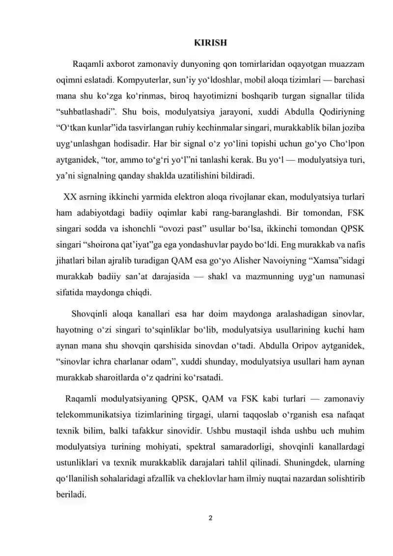 Raqamli modulyatsiya turlari (QPSK, QAM, FSK)ning tahlili va solishtirilishi 2
