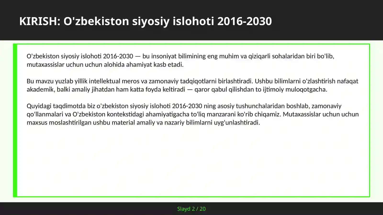 O'ZBEKISTON SIYOSIY ISLOHOTI 2016-2030 2