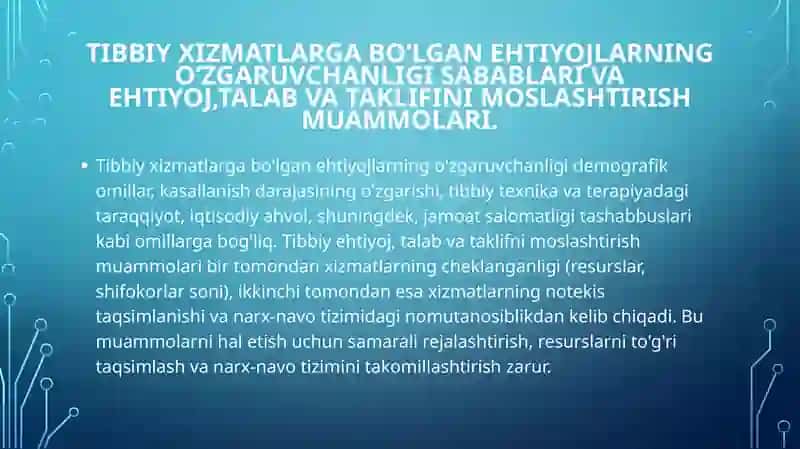 Tibbiy xizmatlarga bo’lgan ehtiyojlarning o’zgaruvchanligi sabablari va ehtiyoj,talab va taklifini moslashtirish muammolari. Tibbiy muassasalar va tibbiy xizmatlar bozorini davlat tomonidan tartibga solinish sabablari va usullari. Tibbiy muassasalar marketingi rejasi va marketing kompleksini ishlab chiqish. 2