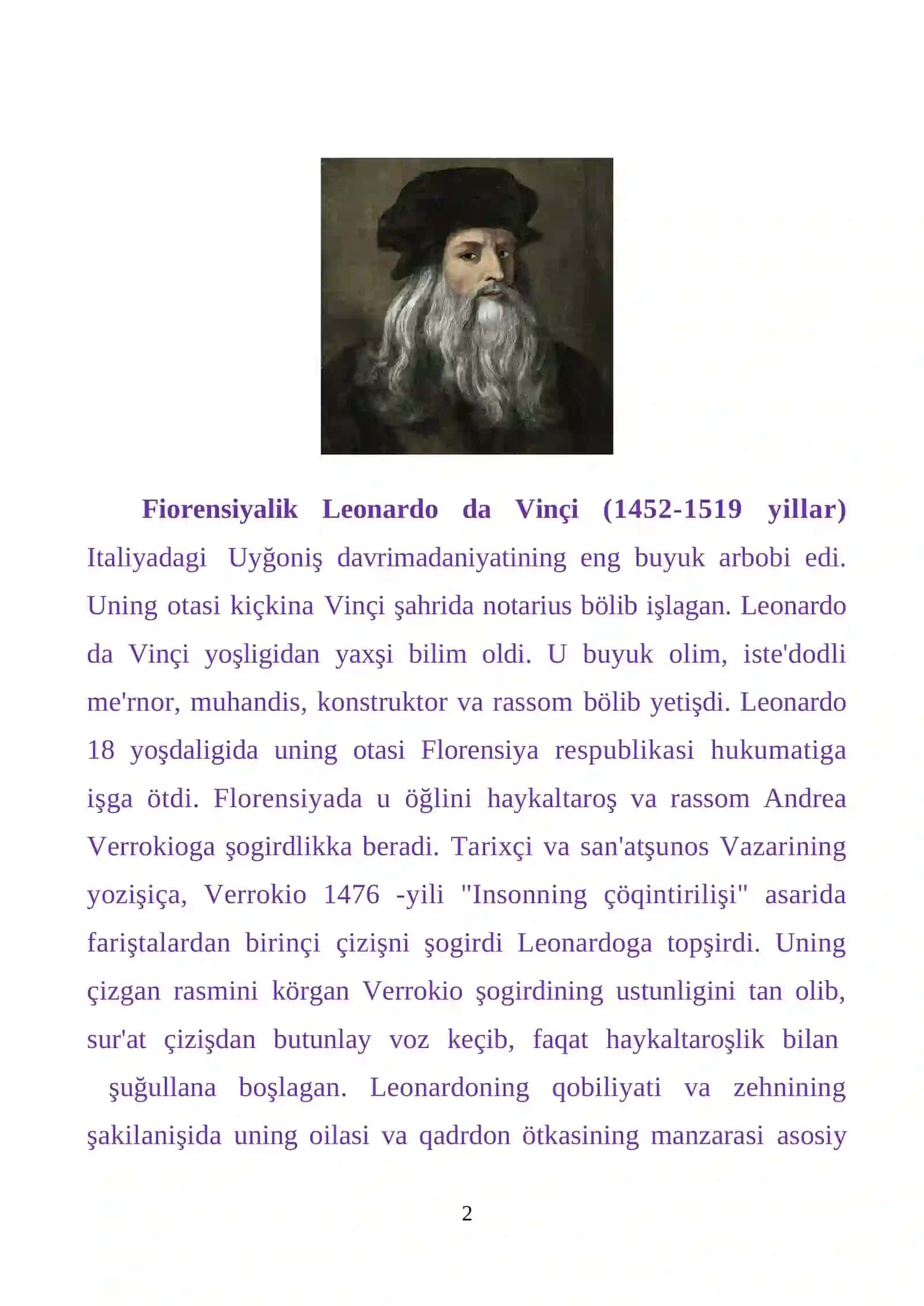Leonardo da Vinçi hayoti va ijodi. 2