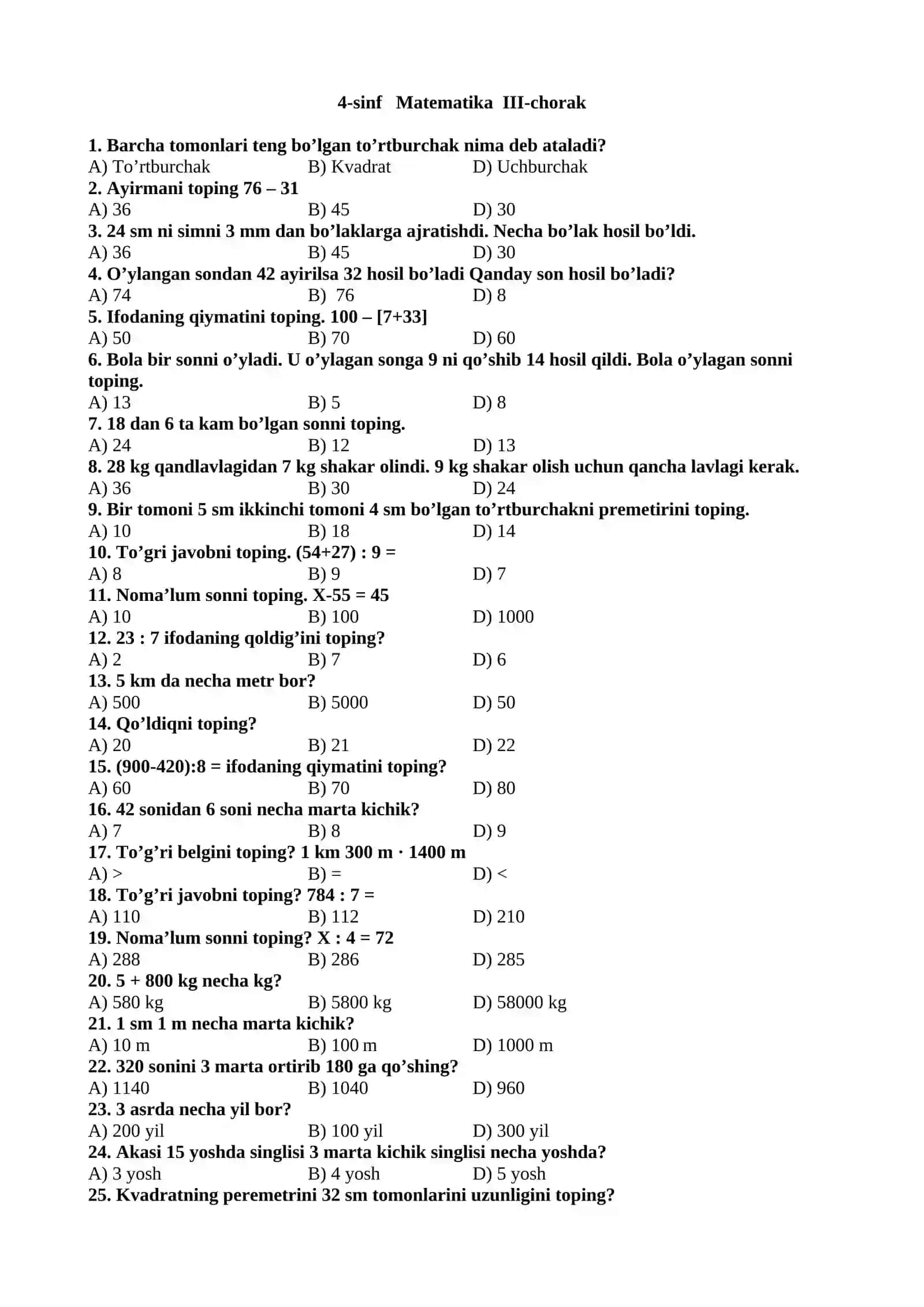 Matematika choraklik testlar 2-3-5-7 sinflar uchun 2