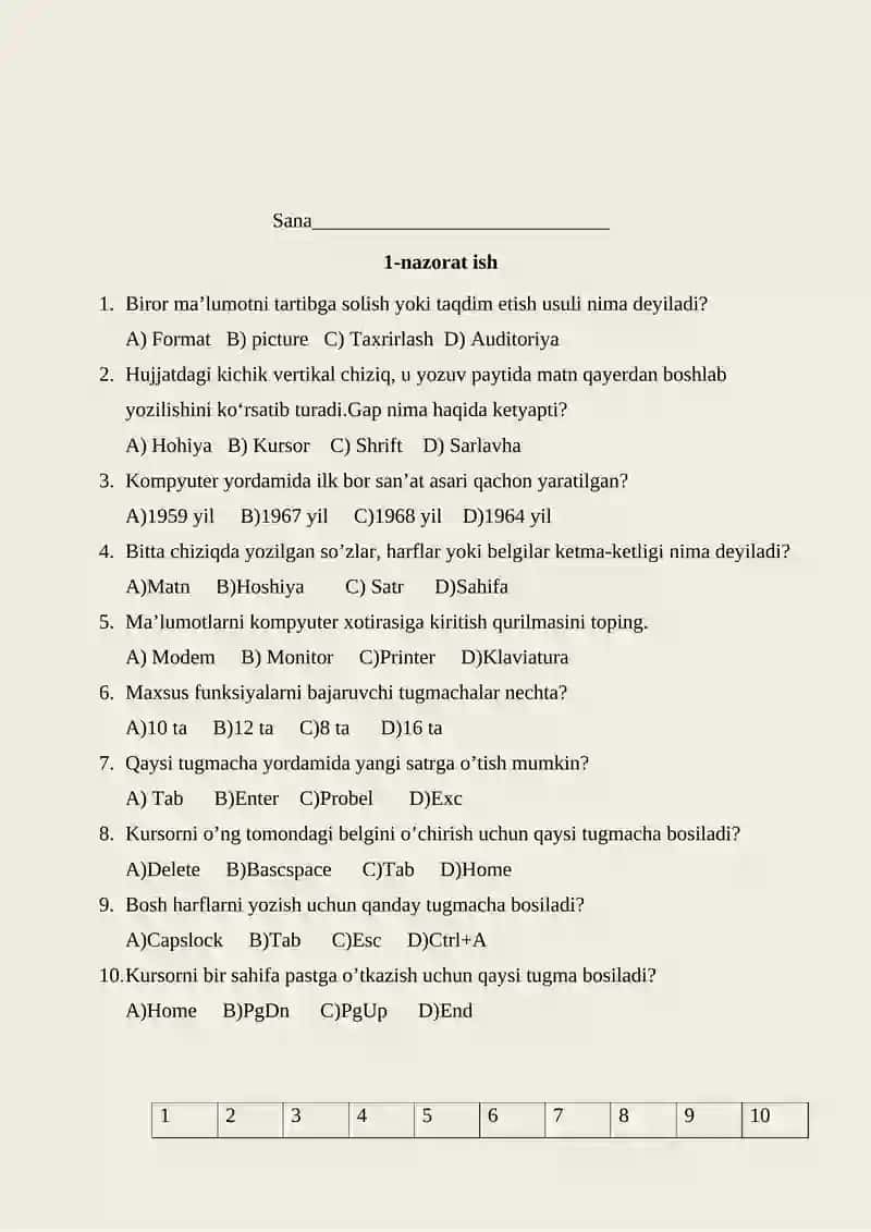 Informatika va axborot texnologiyalari fanidan nazorat ishi daftari 2