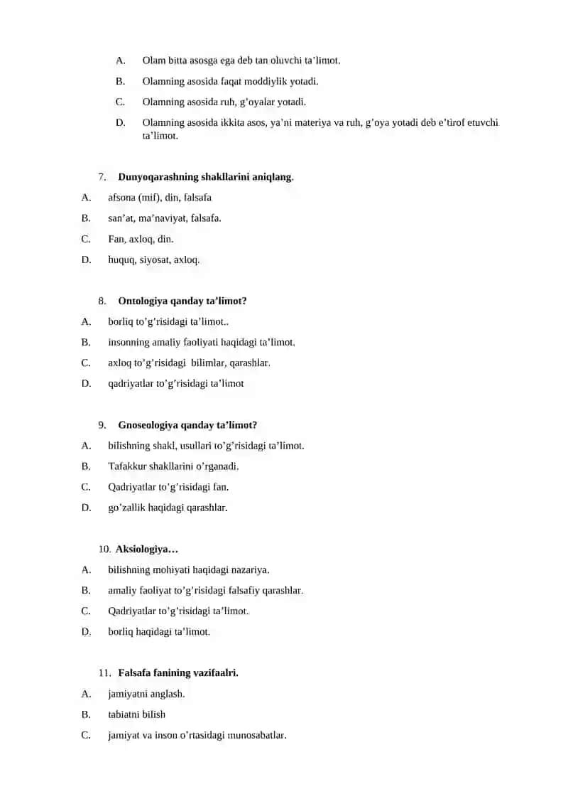 FALSAFADAN TEST SAVOLLARI 2