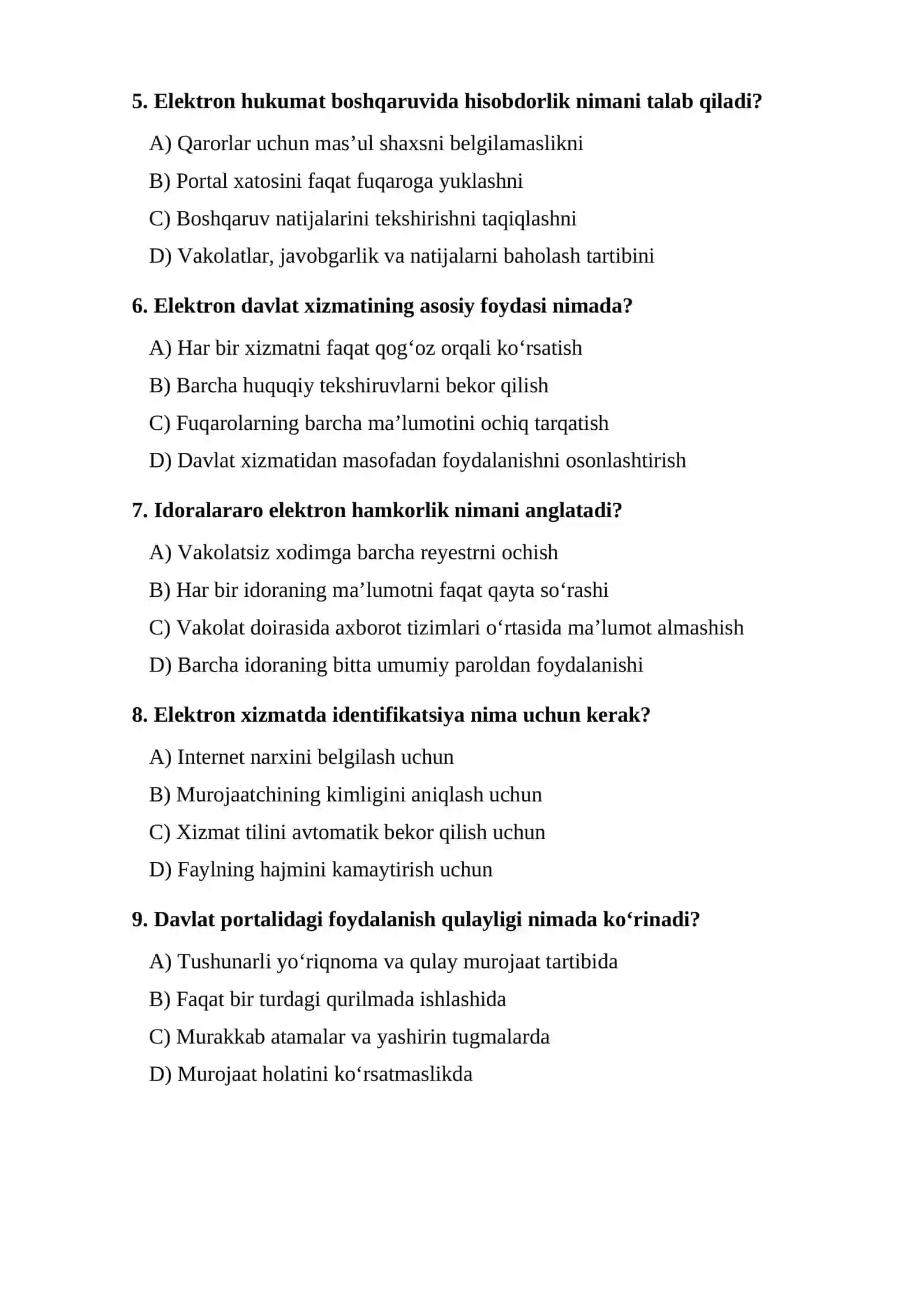 Raqamli suverenitet va elektron hukumatning boshqaruv tizimi mavzusi bo‘yicha TEST 2