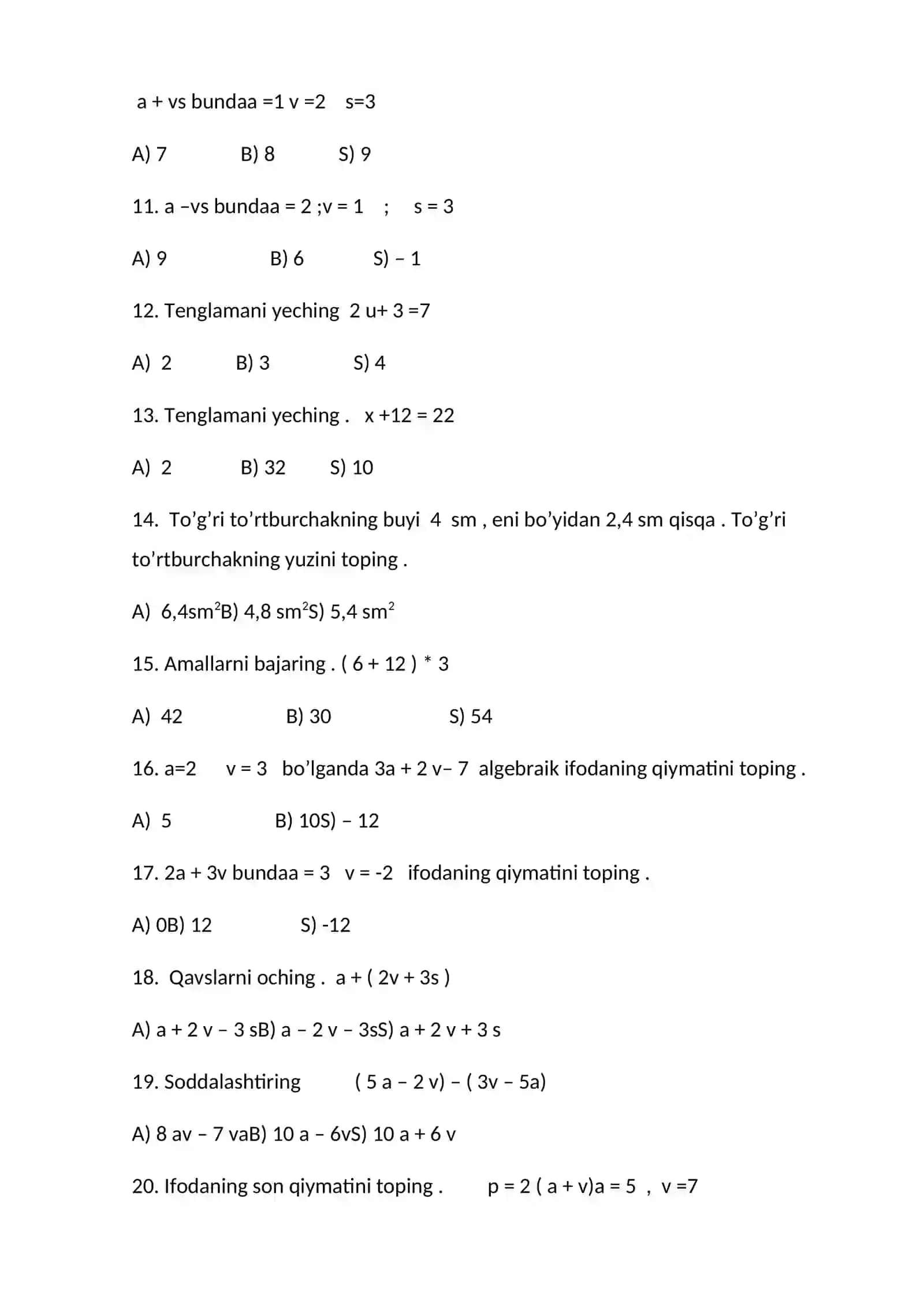 7-sinflar uchun ALGEBRA fanidan umumiy testlar 2