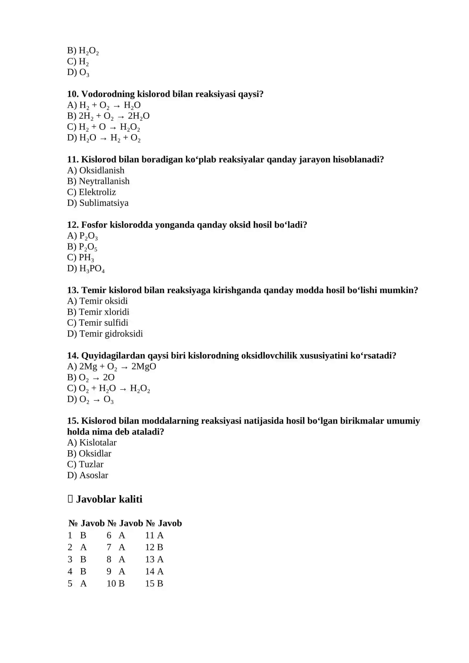 Kimyo fanidan 15 ta test savol-javoblar 2