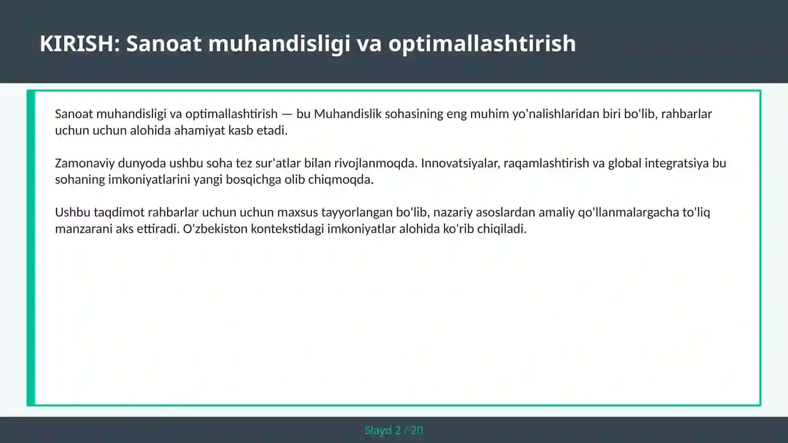 Sanoat muhandisligi va optimallashtirish 2