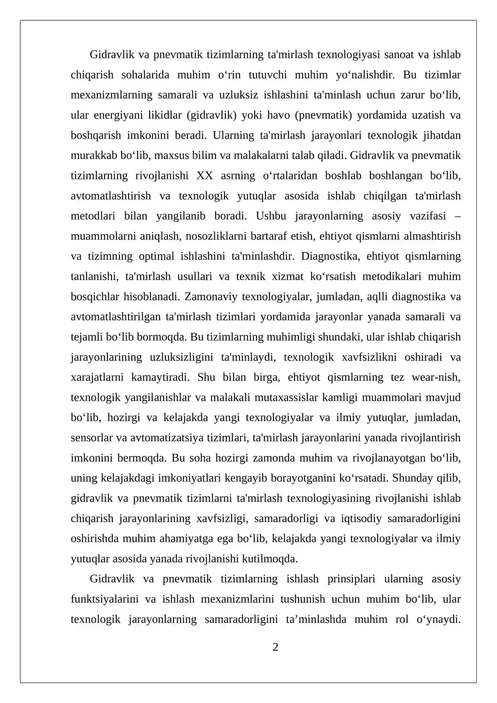 Gidravlik va pnevmatik tizimlarning ta'mirlash texnologiyasi 2
