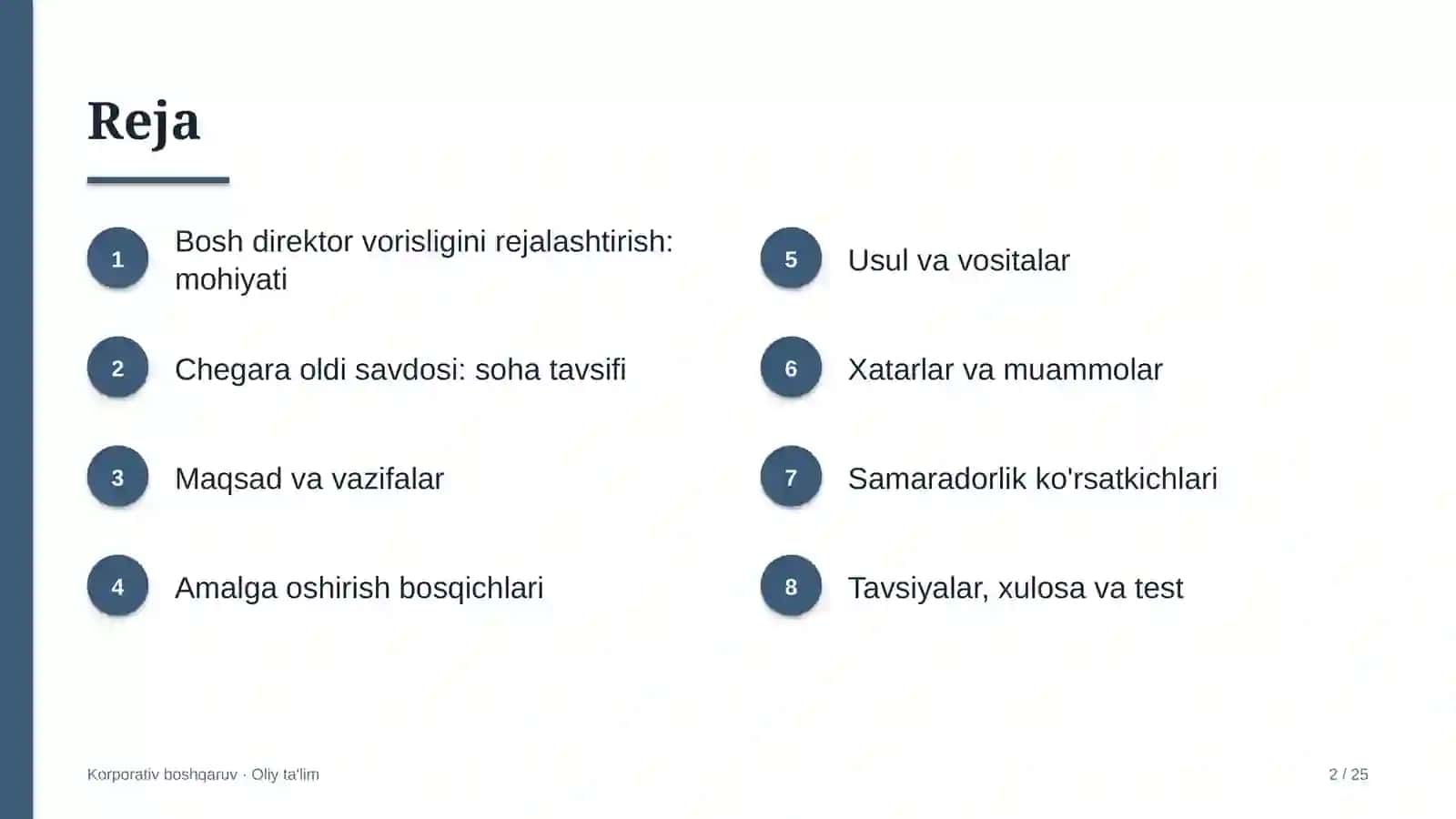 Chegara oldi savdosida bosh direktor vorisligini rejalashtirish 2