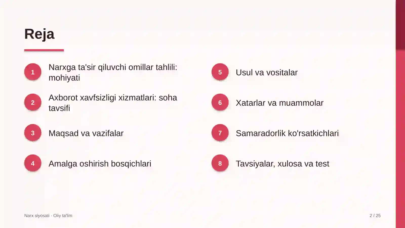 Narx siyosati · Oliy ta'lim 2
