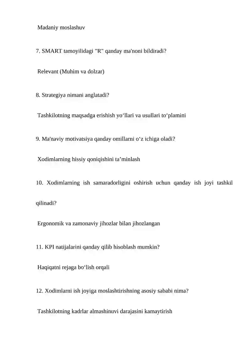 Inson resurslarini boshqarish 150 ta test Javobi bilan yakuniy oraliq 2