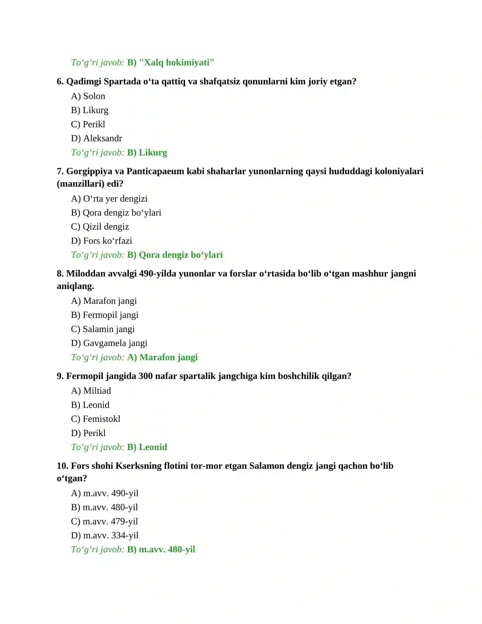 6-sinf Tarix fanidan DTMga tushadigan savollar 2