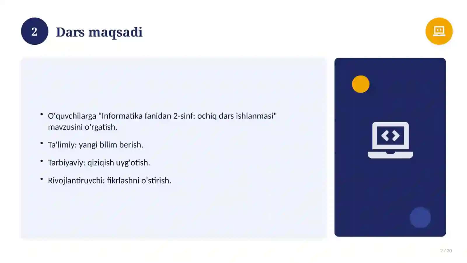 Informatika fanidan 2-sinf: ochiq dars ishlanmasi 2