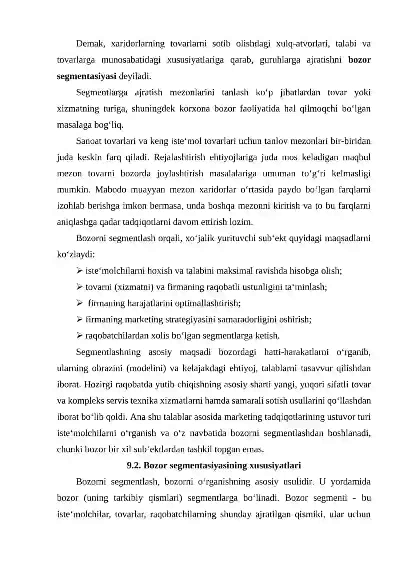 Bozor segmentasiyasining mohiyati va uning ahamiyati 2