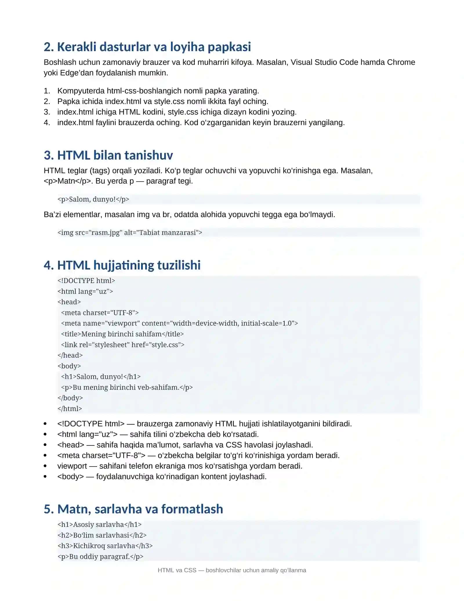 HTML va CSS boshlovchilar uchun qollanma kodaar 2