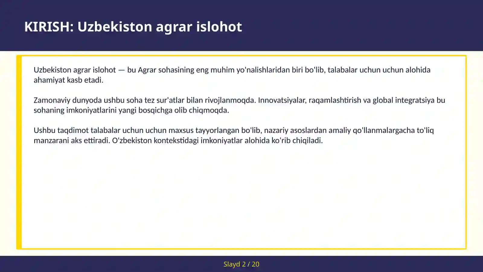Uzbekiston agrar islohot 2