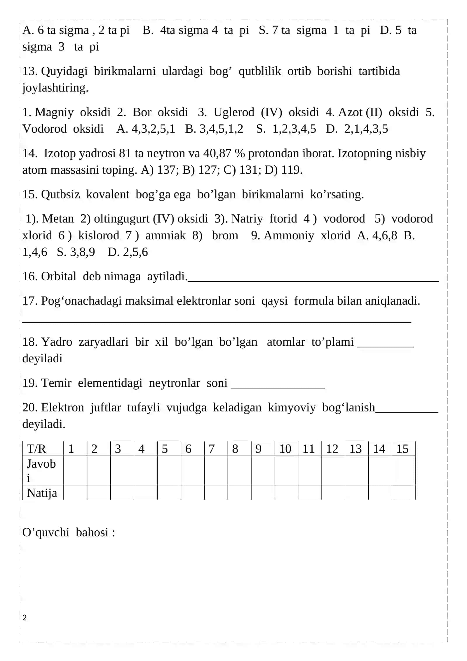 sinf kimyo nazorat ishi daftar 2