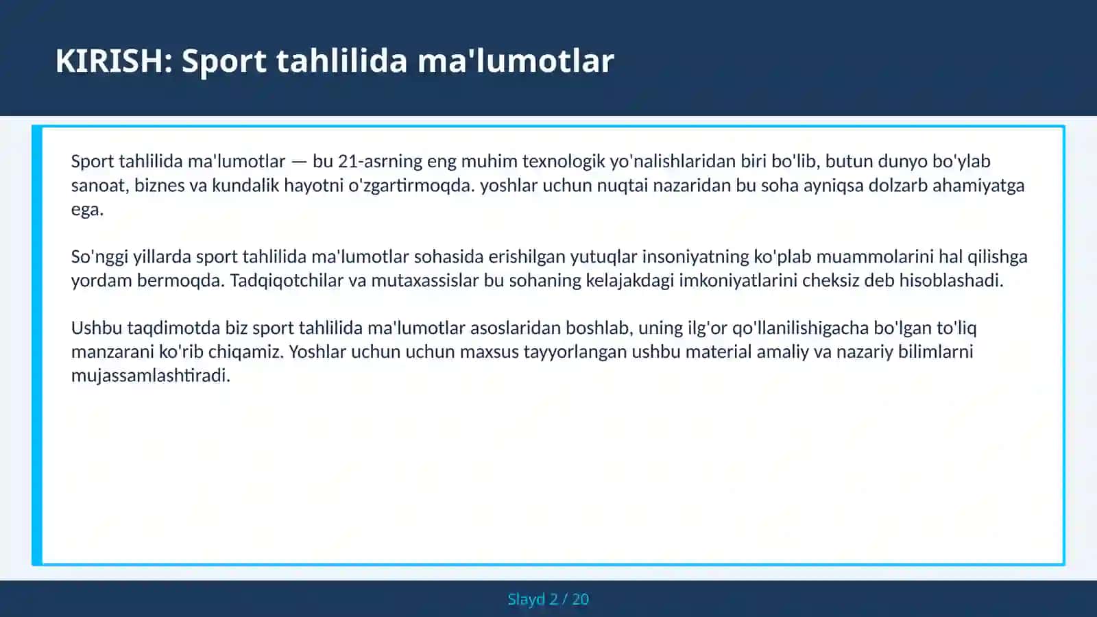 SPORT TAHLILIDA MA'LUMOTLAR 2
