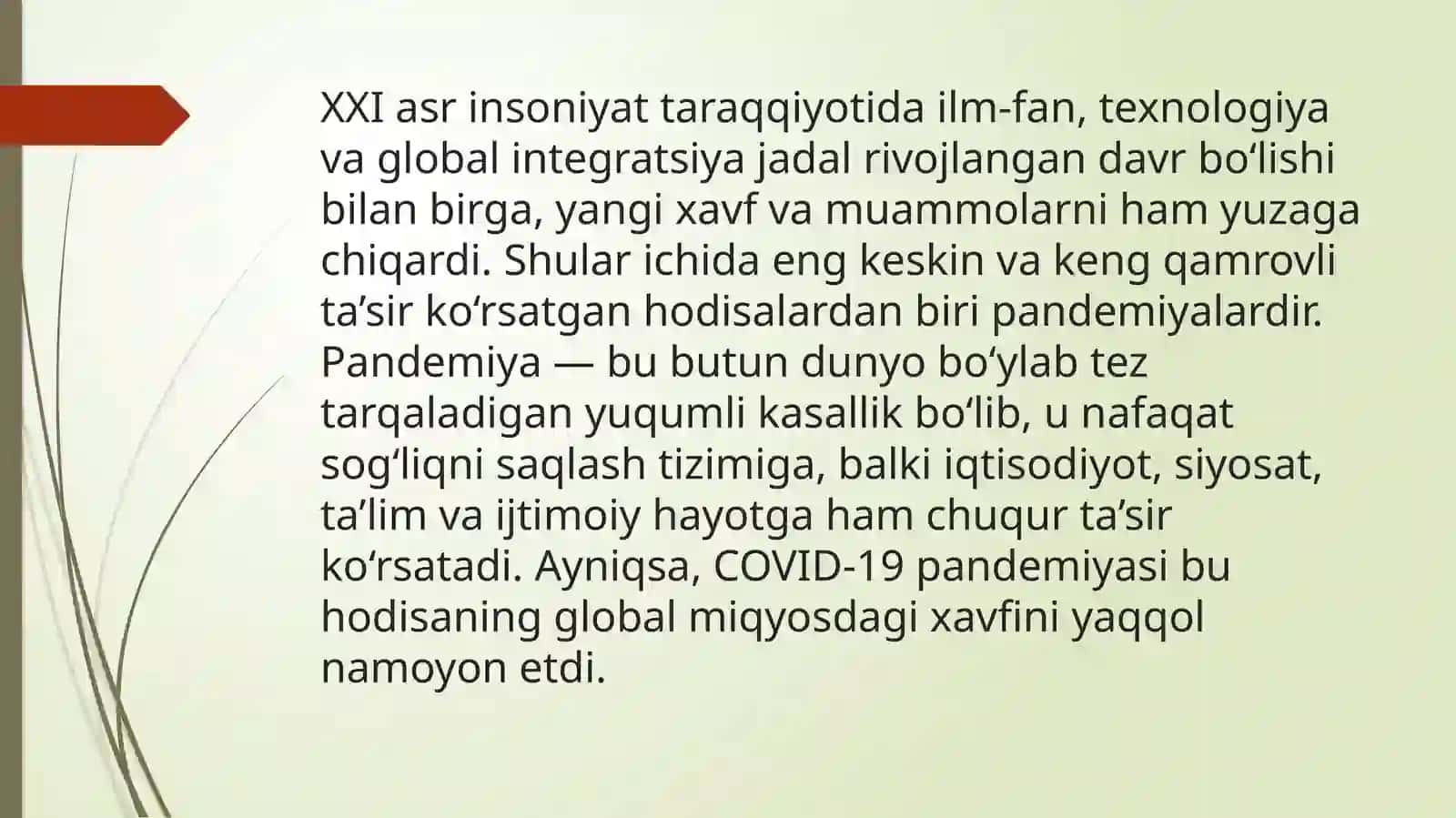 Pandemiya - XXI asrning global muammosi va uning oqibatlari 2
